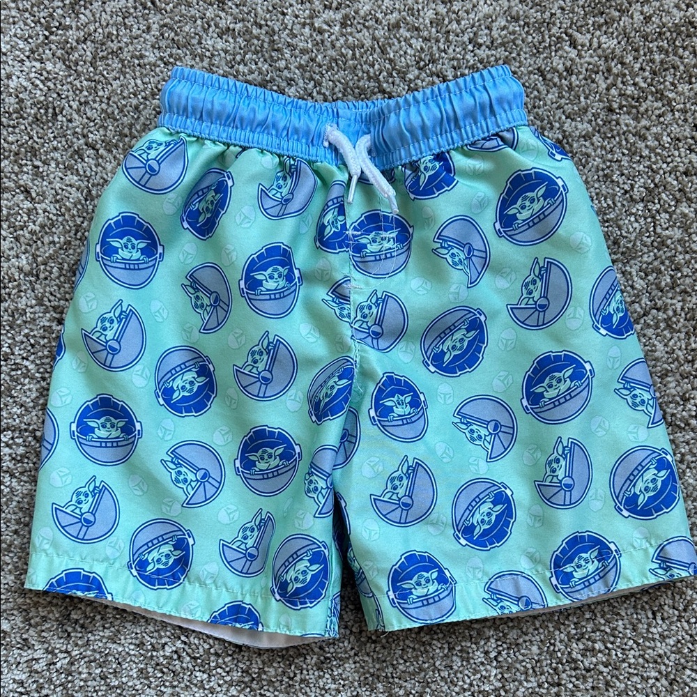 Star Wars Baby Yoda Boys Blue and Green Swim Trunks, Size 2T